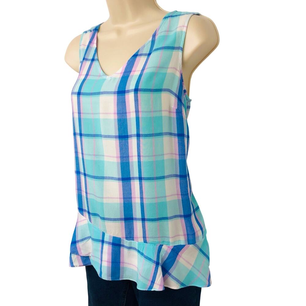 a.n.a. Blue White Pink Plaid Sleeveless Top Ruffled Trim Hem - Picture 2 of 16